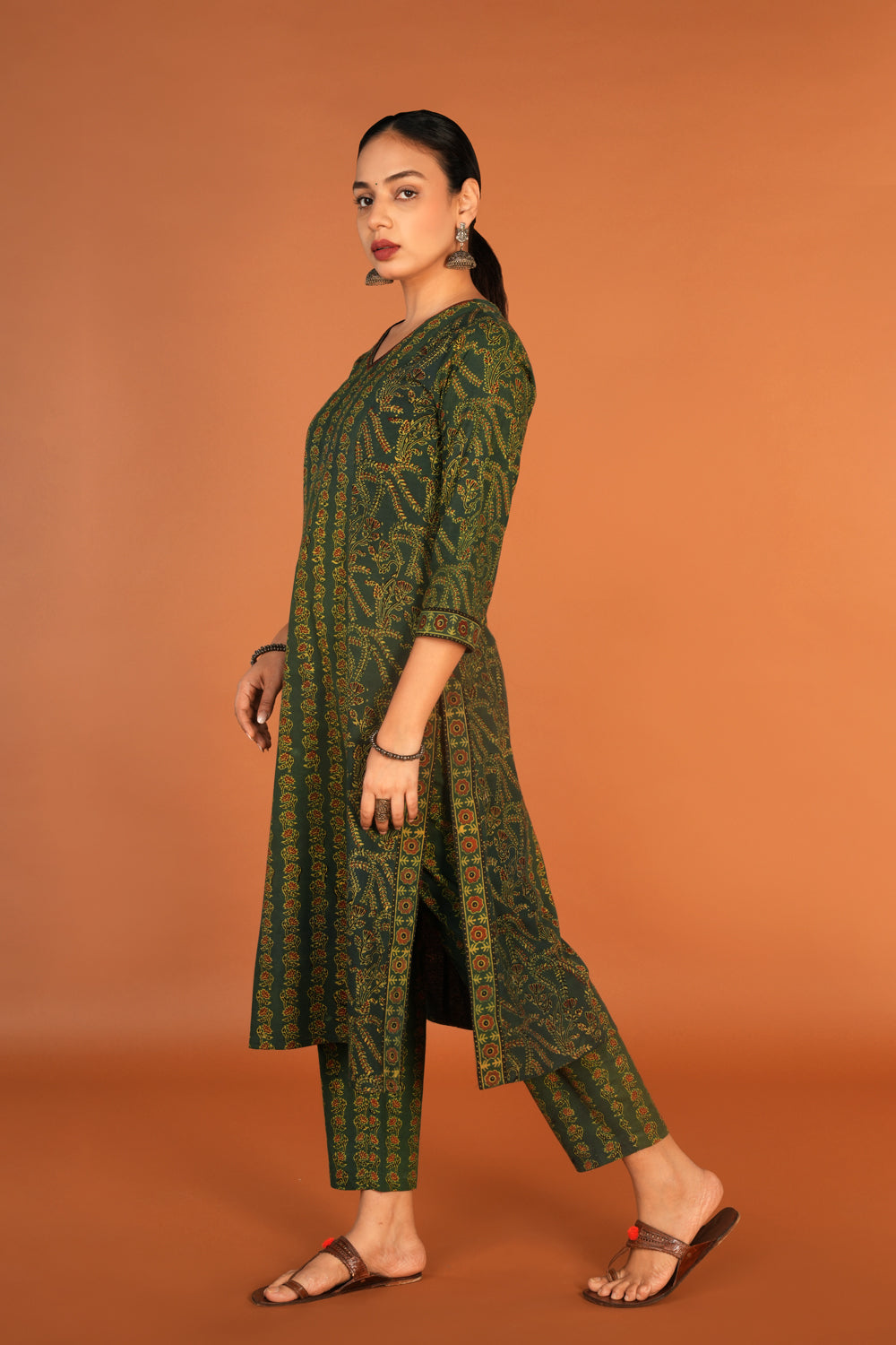 Image of Forest Green Ajrak handblock printed kurta with dupatta set